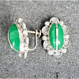 Vintage Mexico Sterling Silver Green Onyx Screw-Back Earrings 925 Tested Silver